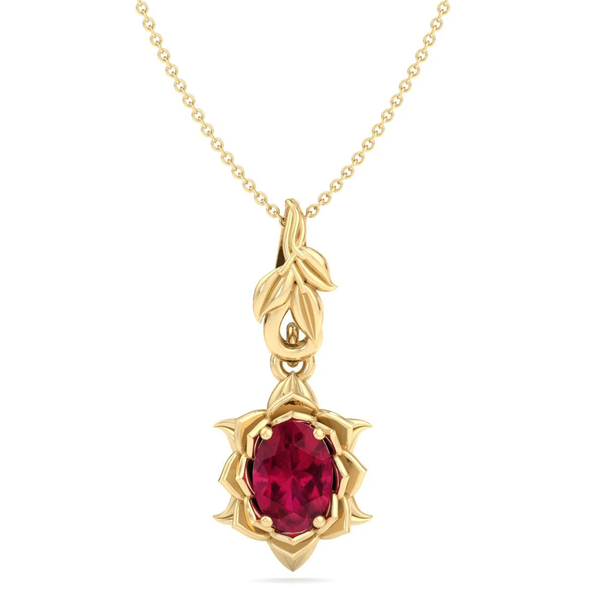 1 Carat Oval Shape Ruby Ornate Necklace In 14K Yellow Gold