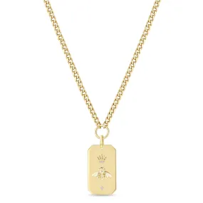 14k Queen Bee Large Square Edge Dog Tag Curb Chain Necklace