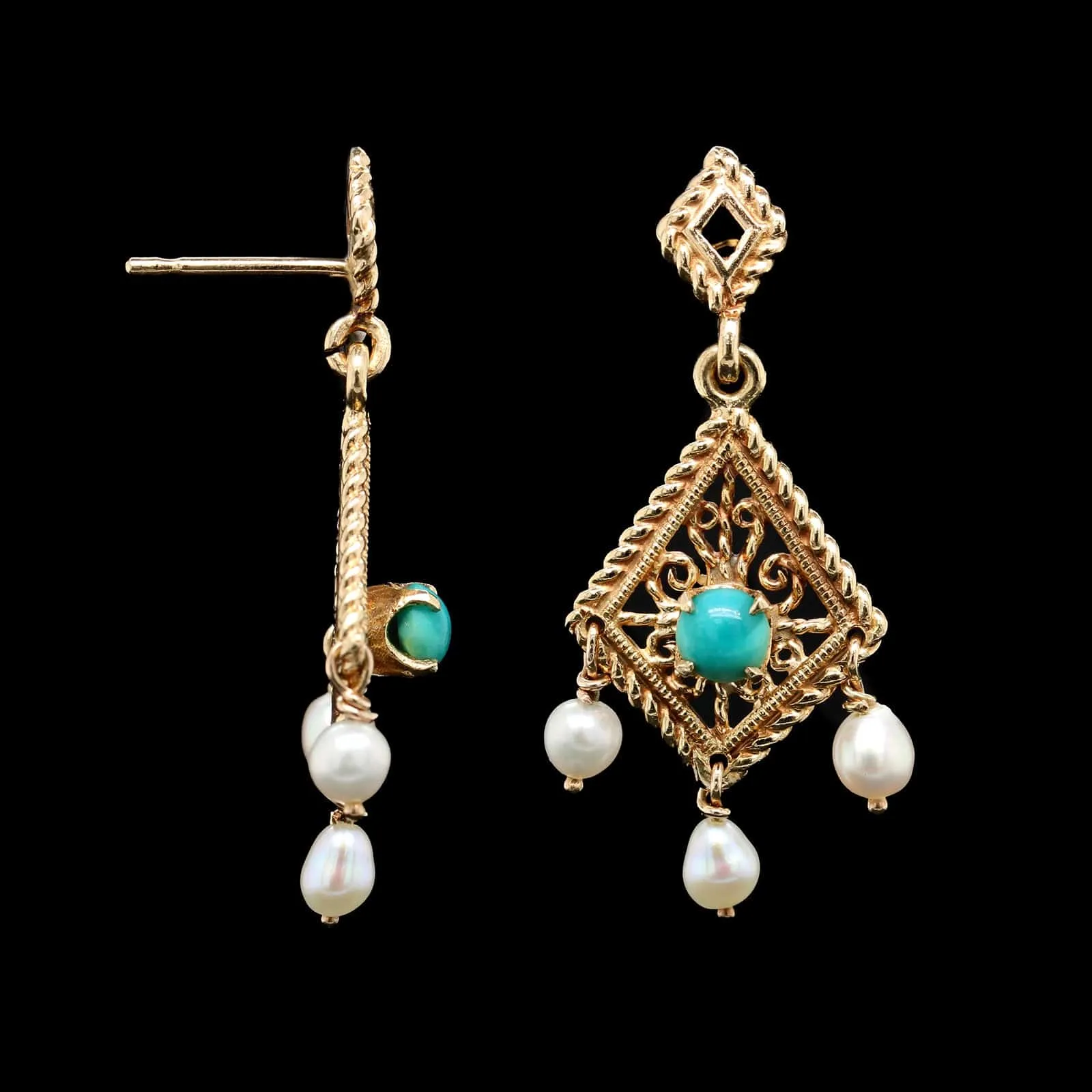 14K Yellow Gold Estate Green Stone and Cultured Pearl Drop Earrings