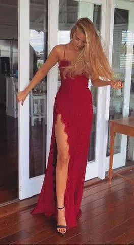 2024 A-Line Red Long Sheath Lace Spaghetti Straps Split Front Sweetheart Prom Dresses JS481