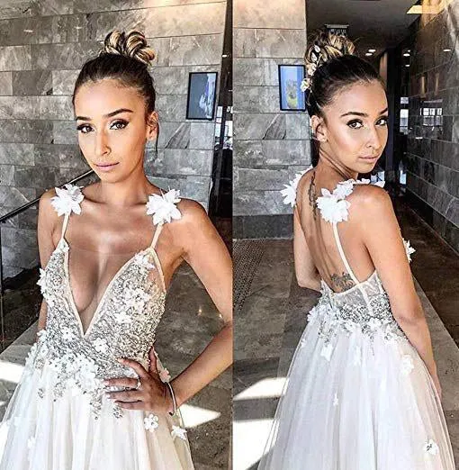 A Line Deep V Neck Spaghetti Straps Beads Backless Handmade Flower Wedding Dresses JS328