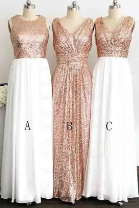 A Line Gliiter Rose Gold Sequins White Chiffon Long Bridesmaid Dresses Prom Dress