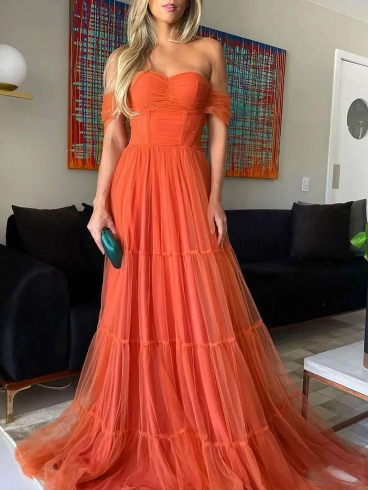 A-line off shoulder orange long prom dress orange long formal dress Y6268