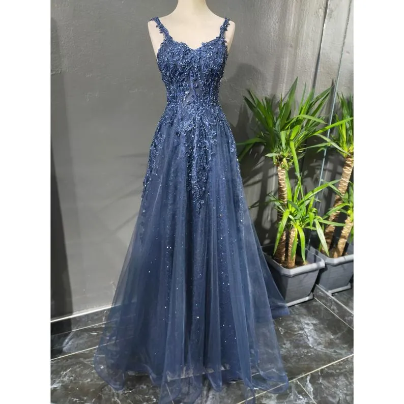 A-line Straps Lace Prom Dresses,Long Formal Graduation Dresses Y1502