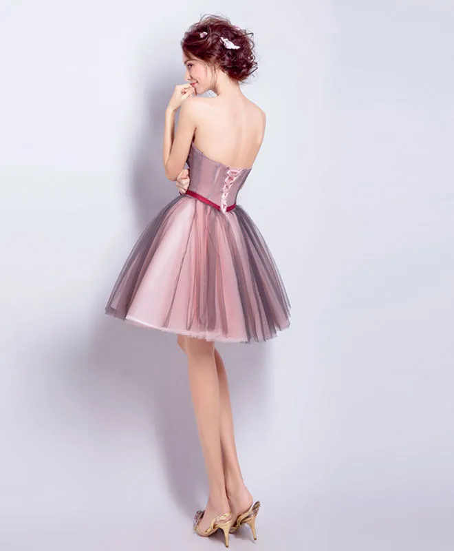 A Line Sweetheart Neck Tulle Mini Prom Dresses, Burgundy Homecoming Dress