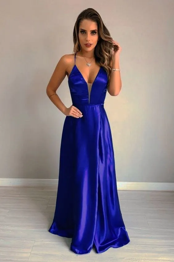 A-line V Neck Sleeveless Floor-Length Royal Blue Prom Dress Y6178