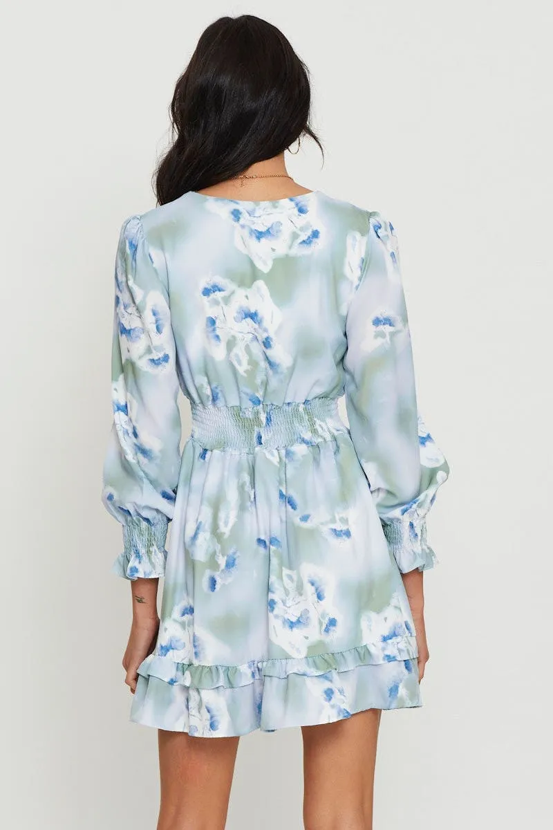 Abstract Print Mini Dress Long Sleeve