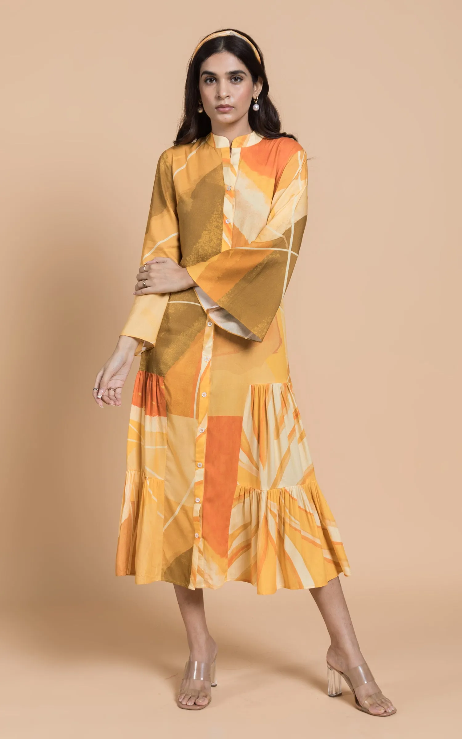 Abstract Printed Tiered Midi Dress