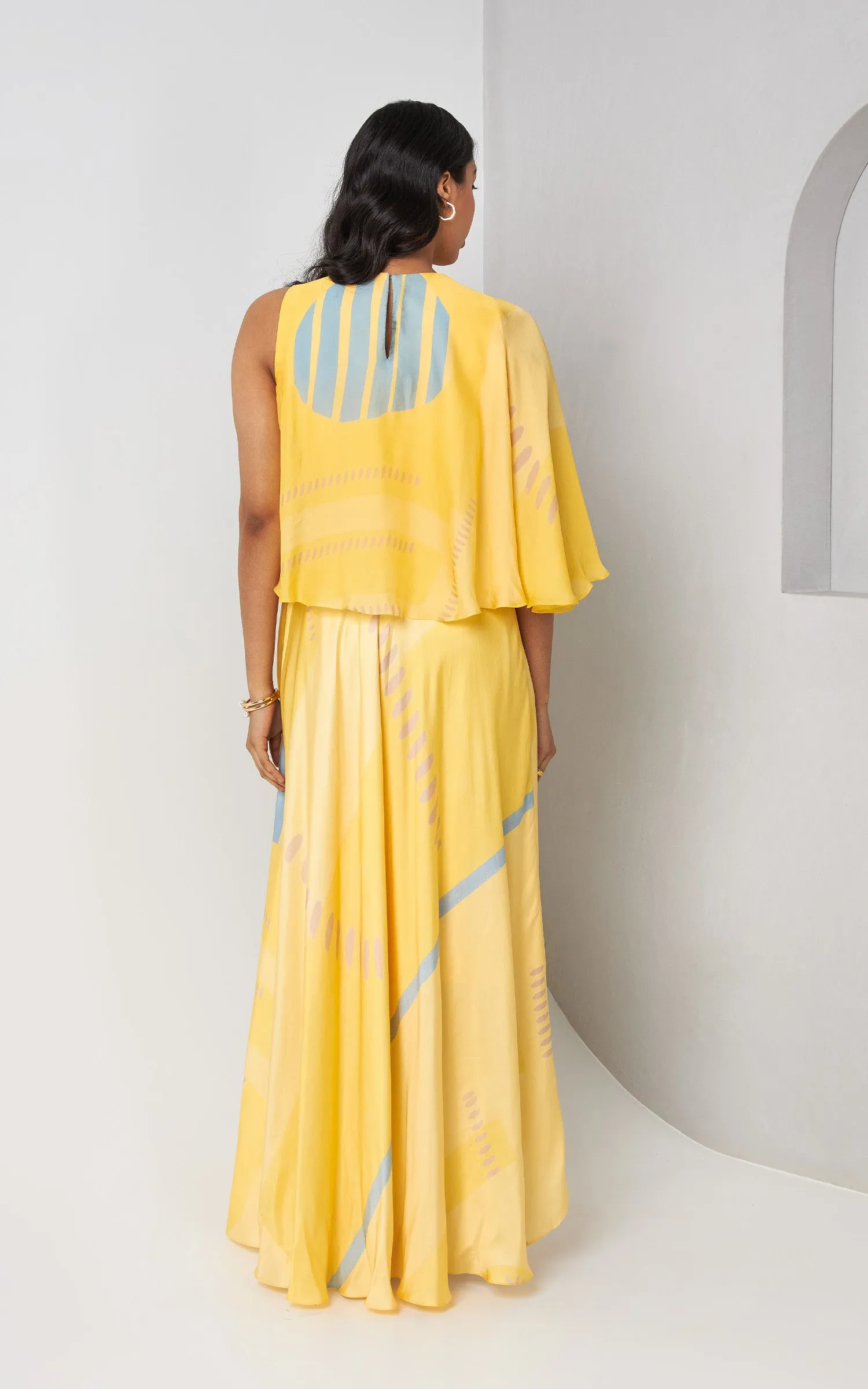 Abstract Printed Yellow Cape Dress