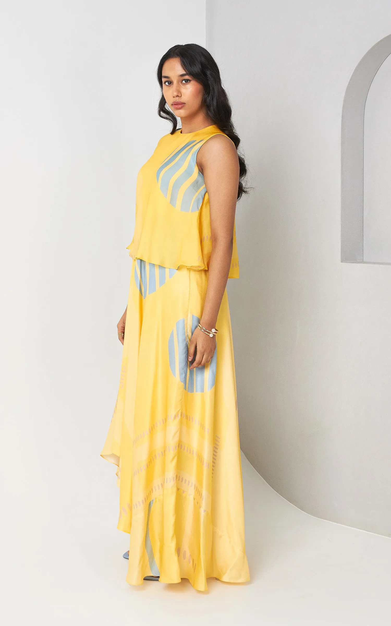 Abstract Printed Yellow Cape Dress