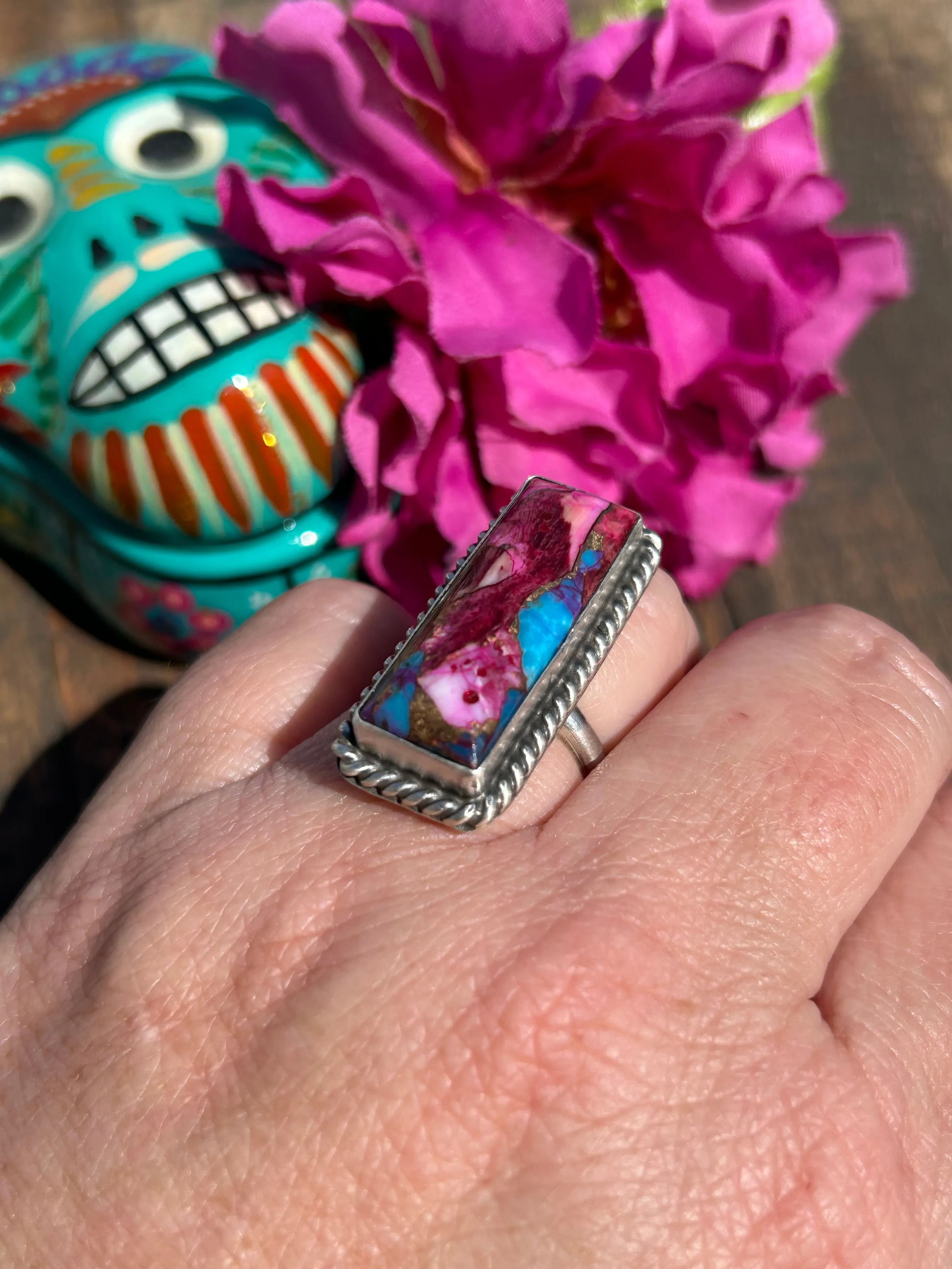 Adjustable Pink Dahlia Bar Ring