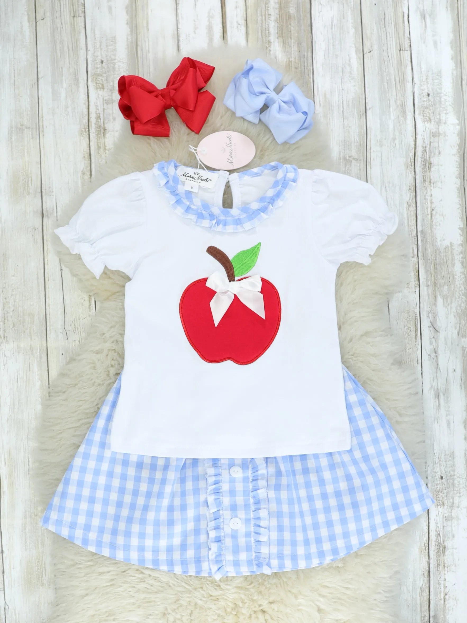 Apple Ruffle Top & Blue Check Skirt Outfit