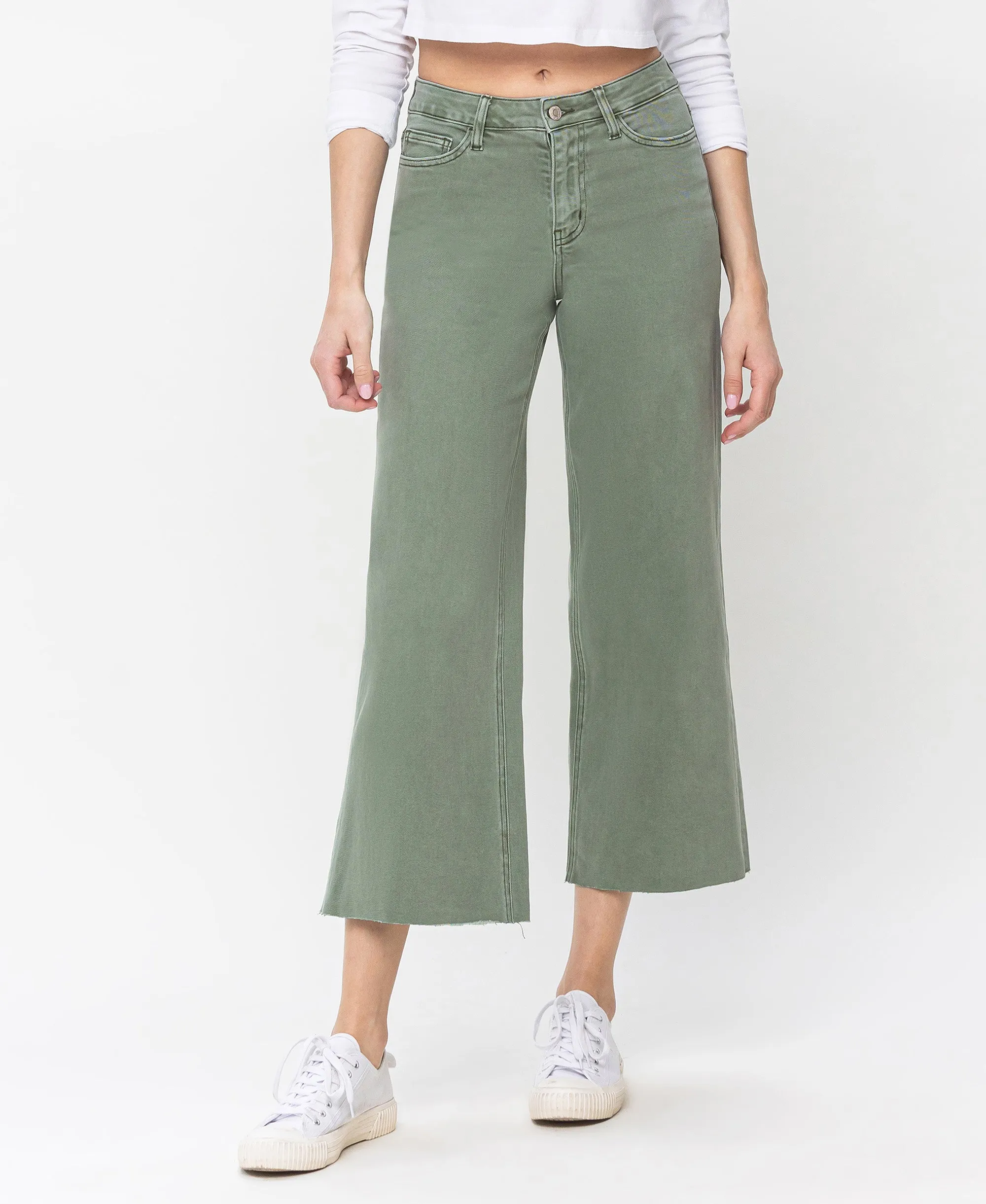 Army Green - High Rise Crop Wide Leg Jeans