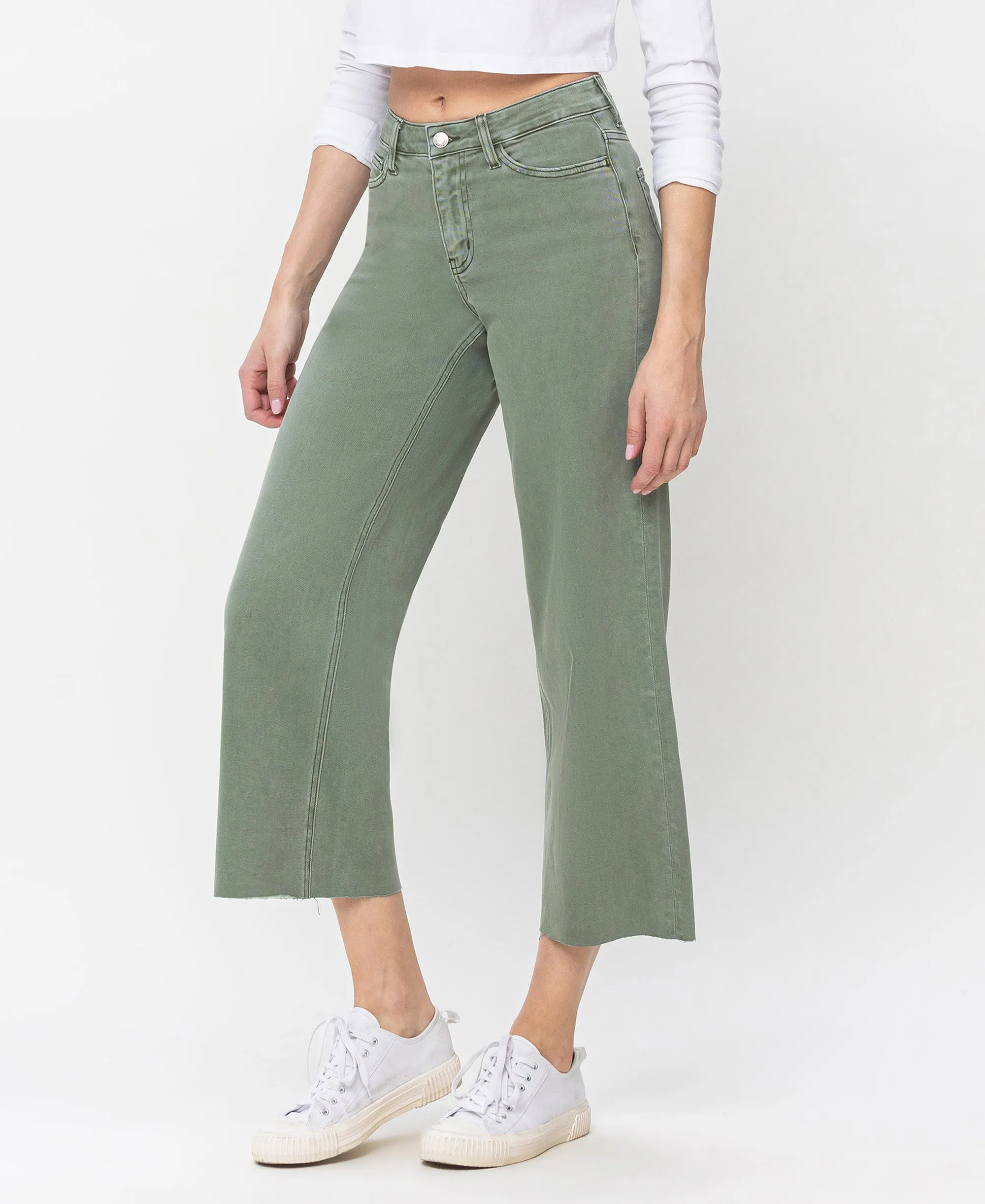 Army Green - High Rise Crop Wide Leg Jeans