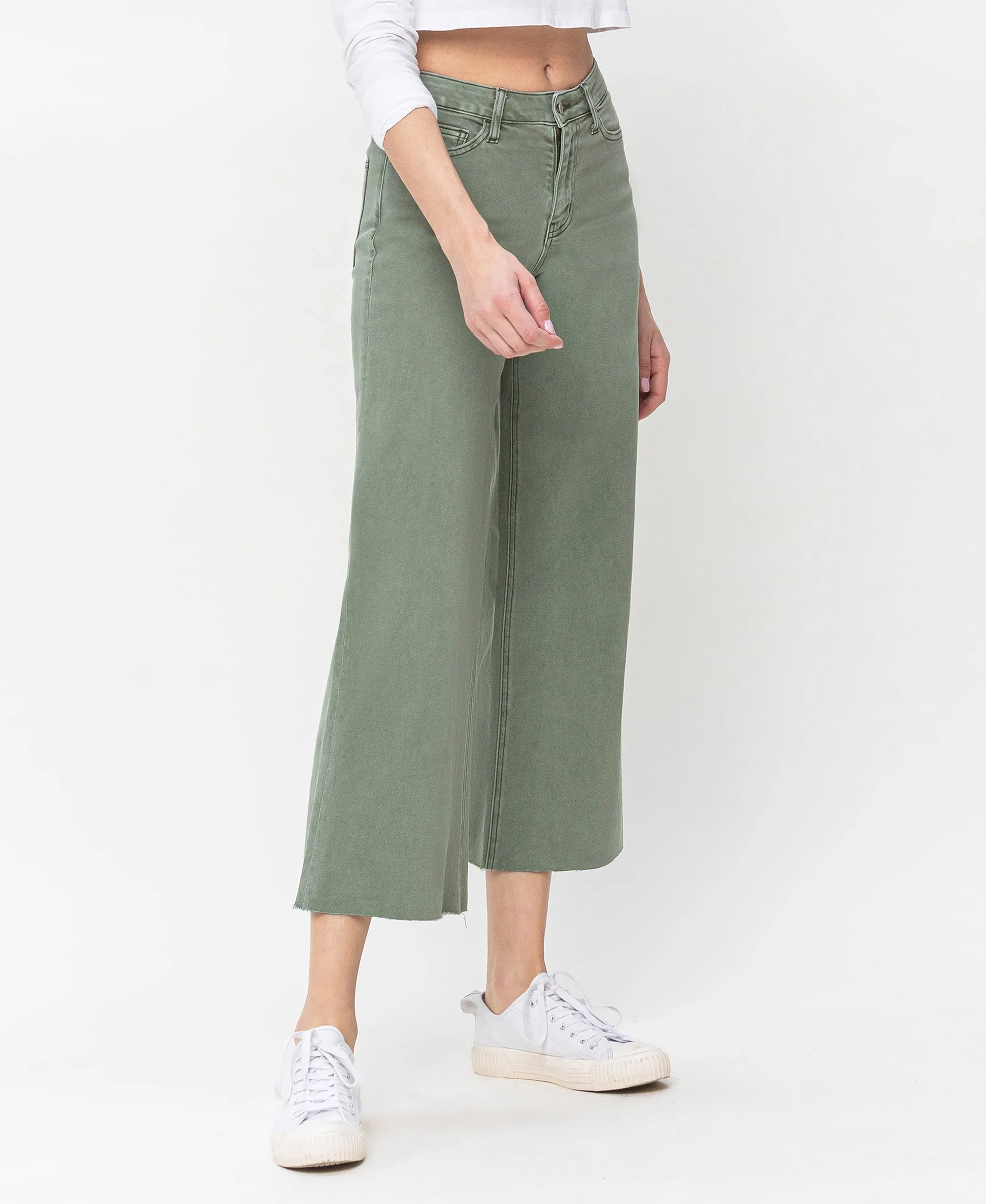 Army Green - High Rise Crop Wide Leg Jeans