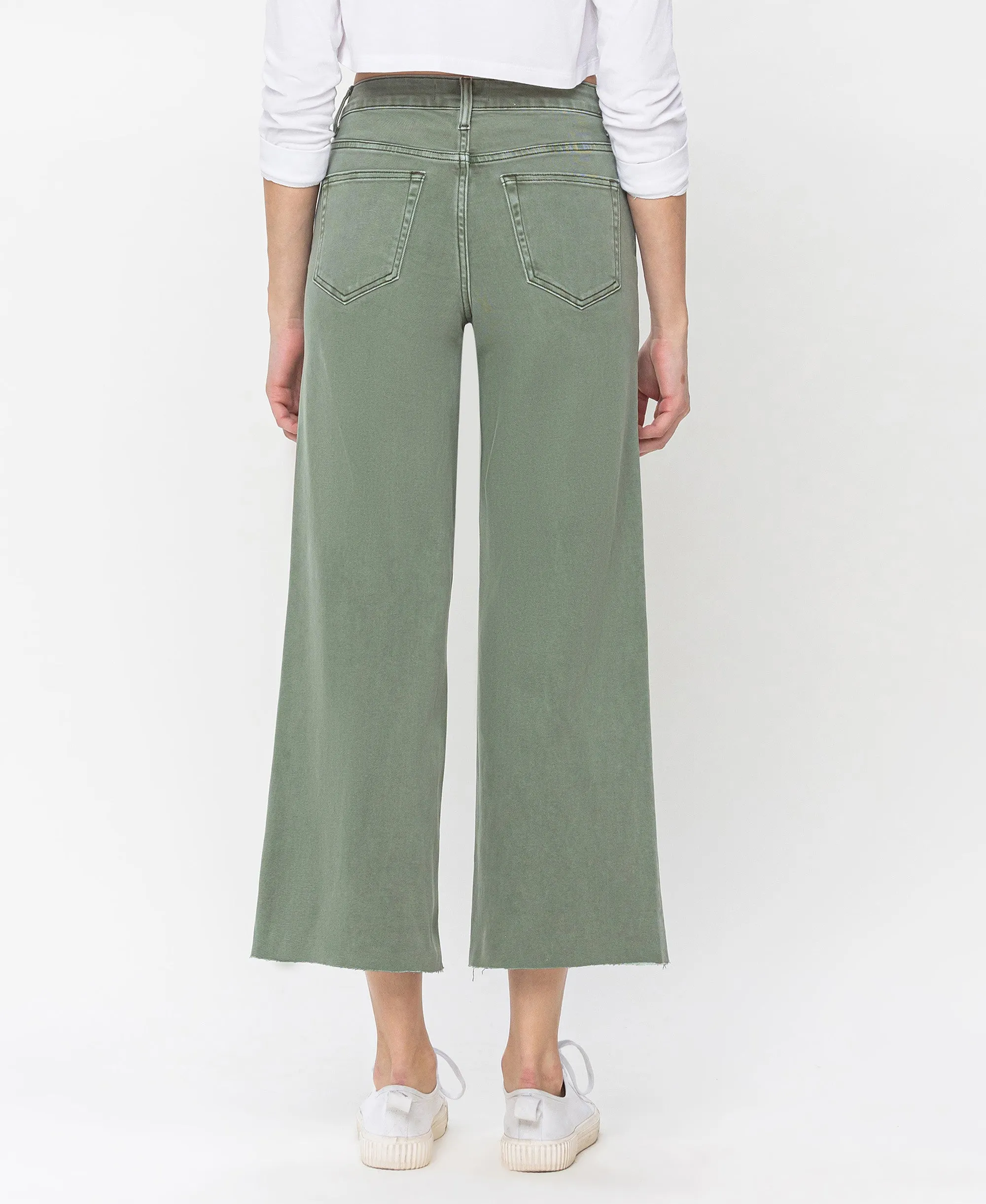 Army Green - High Rise Crop Wide Leg Jeans