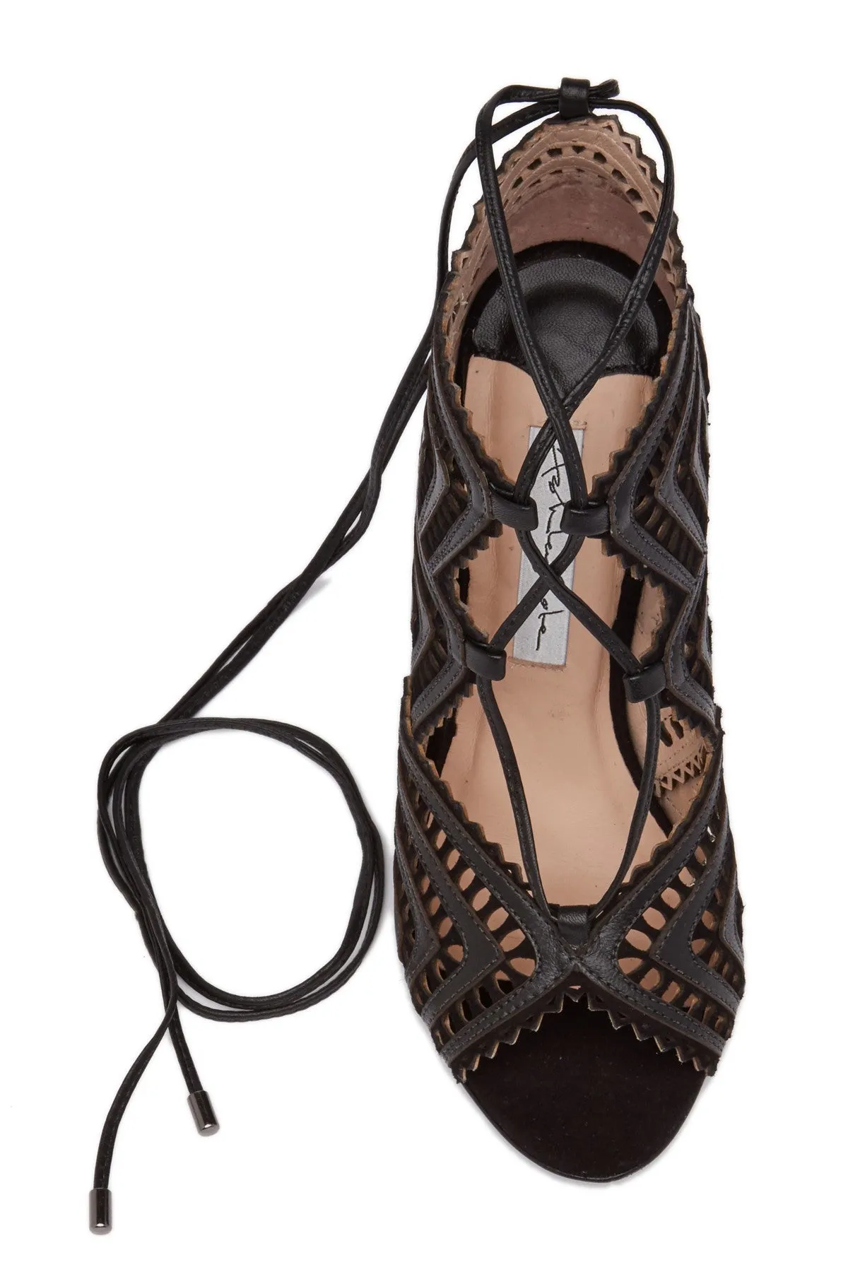 Ashley Cole Lacey Black High Heel Lasercut Lace-Up Stiletto Heel Sandal Pumps