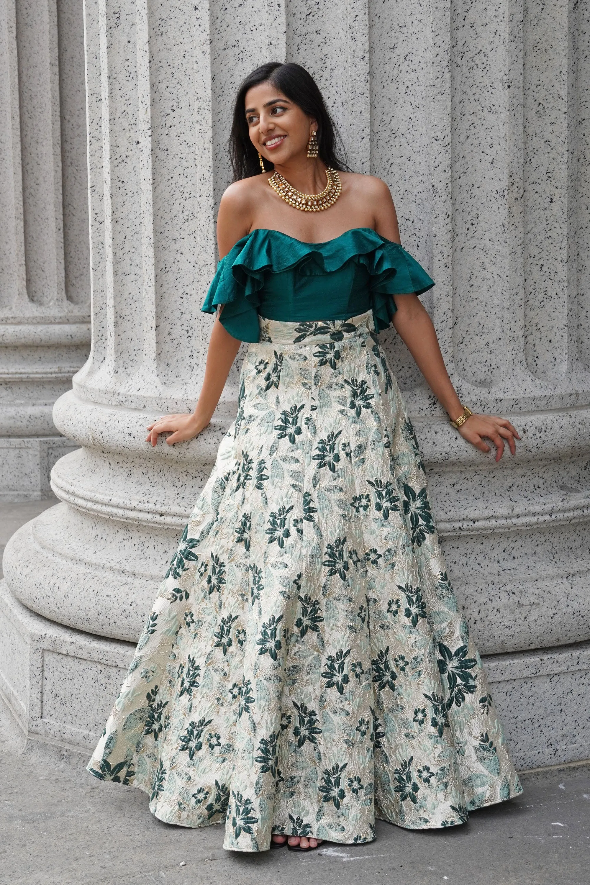 AVNI Green and Mint Floral Jacquard Skirt