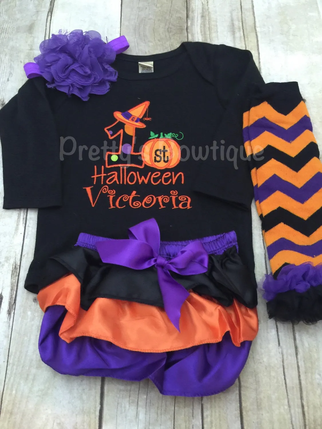 Baby girls My 1st Halloween shirt or bodysuit witch hat Black shirt with headband, diaper cover and legwarmers