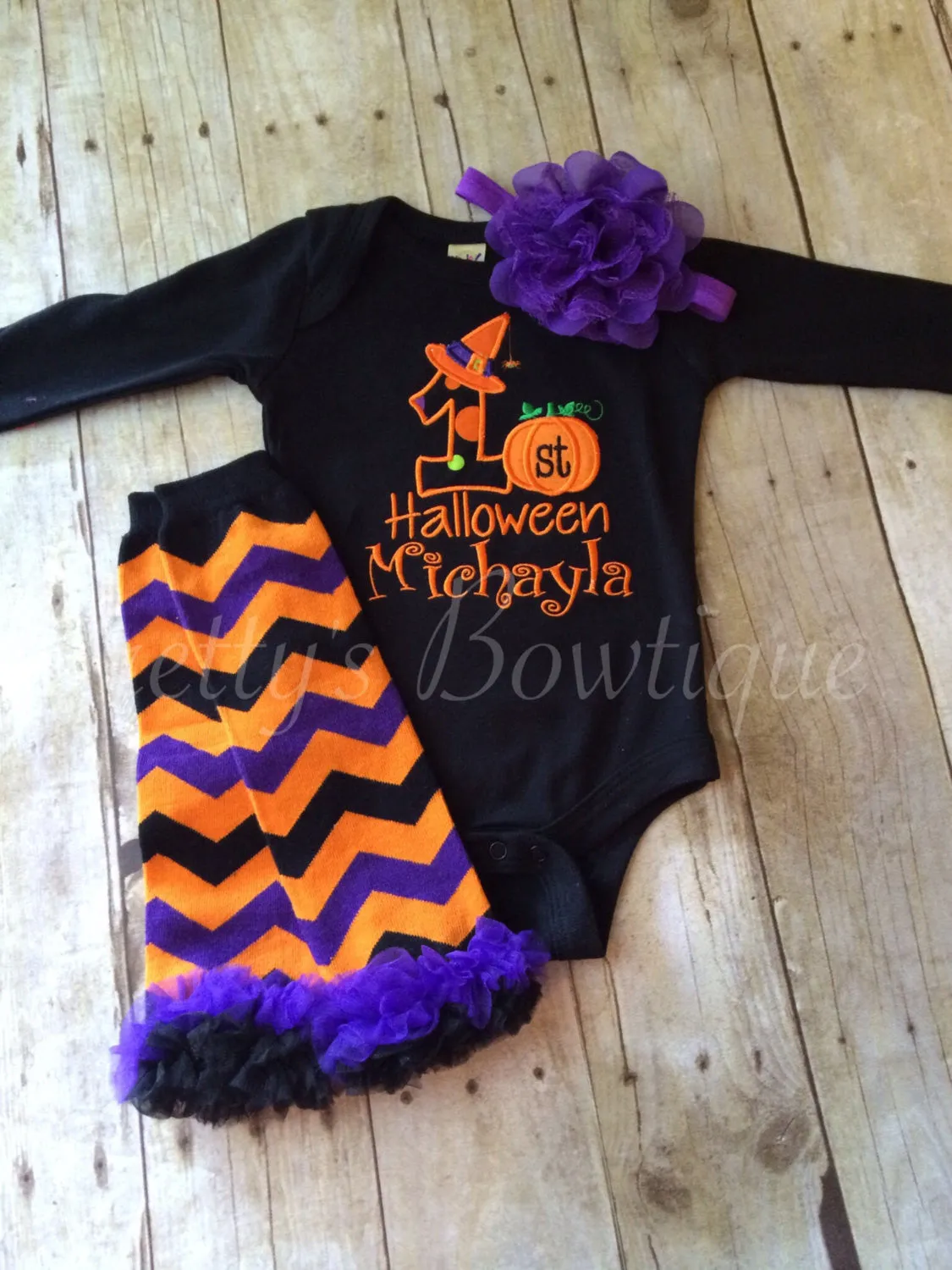 Baby girls My 1st Halloween shirt or bodysuit witch hat Black shirt with headband, diaper cover and legwarmers