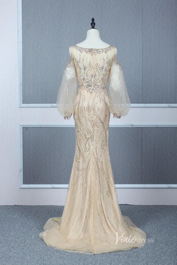 Beaded Gold Prom Dresses Cold Shoulder Puff Sleeve Evening Dress FD2773