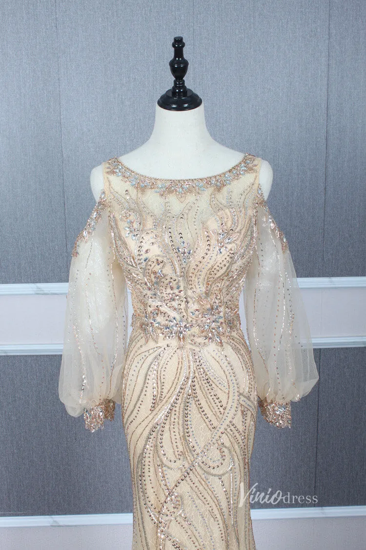 Beaded Gold Prom Dresses Cold Shoulder Puff Sleeve Evening Dress FD2773