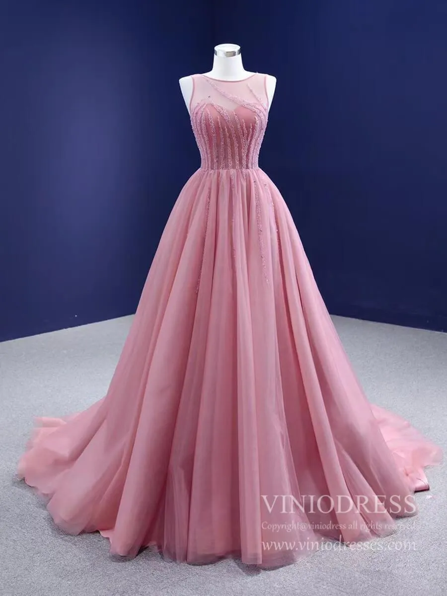 Beaded Green Ball Gown Rose Pink Prom Dresses 67237 viniodress