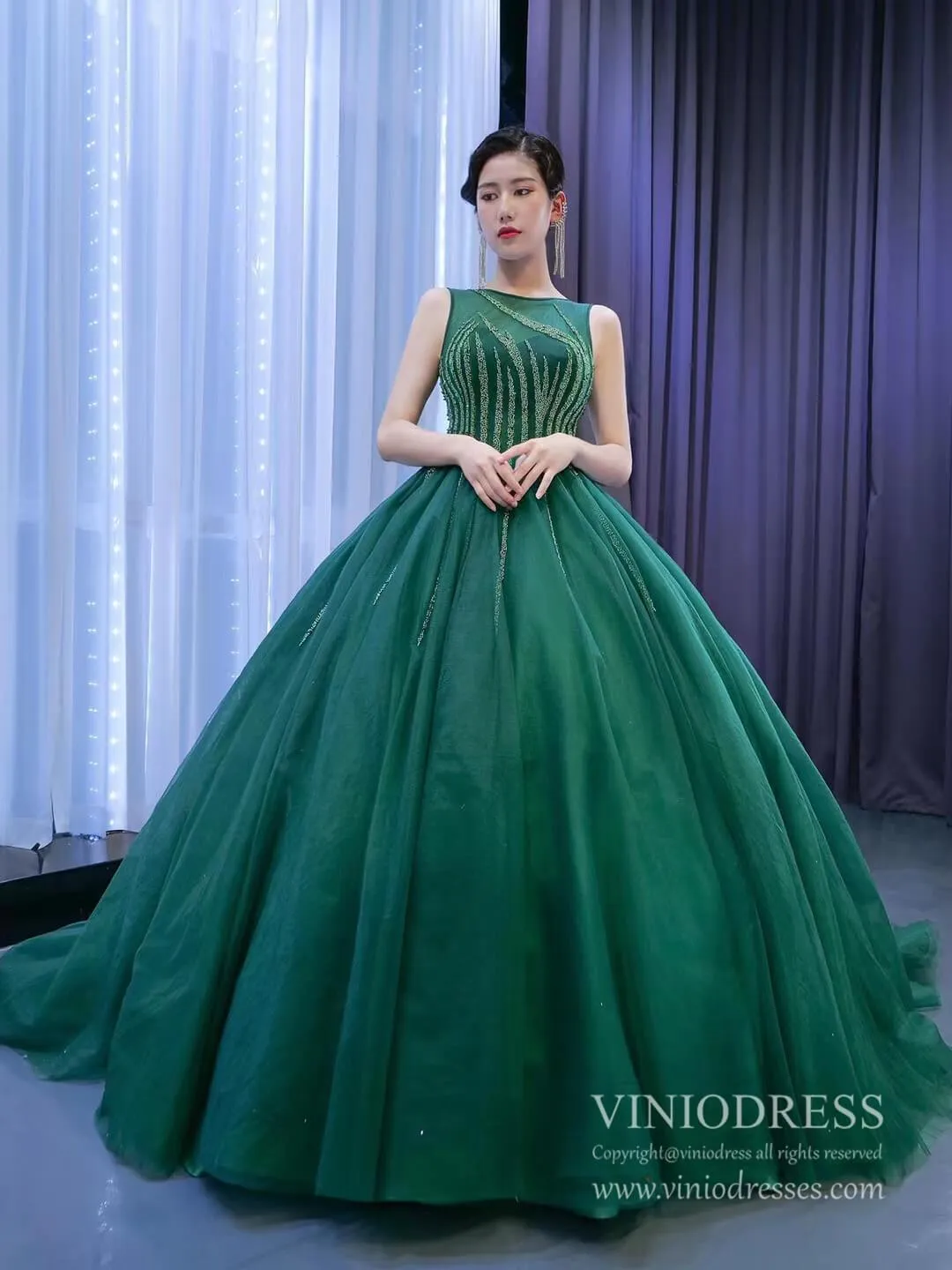 Beaded Green Ball Gown Rose Pink Prom Dresses 67237 viniodress