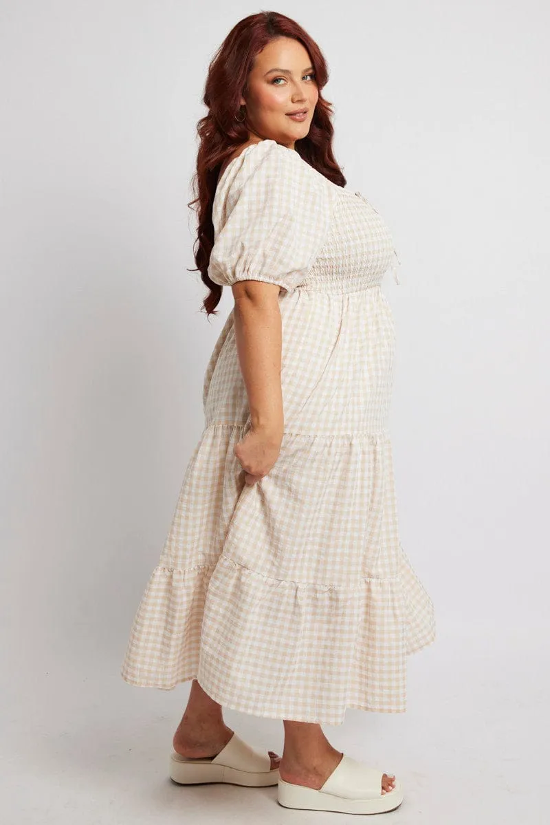 Beige Check Maxi Dress Short Sleeve Shirred