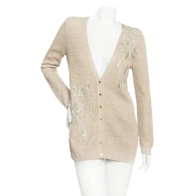 Beige Metallic Floral Appliqué Knit Cardigan