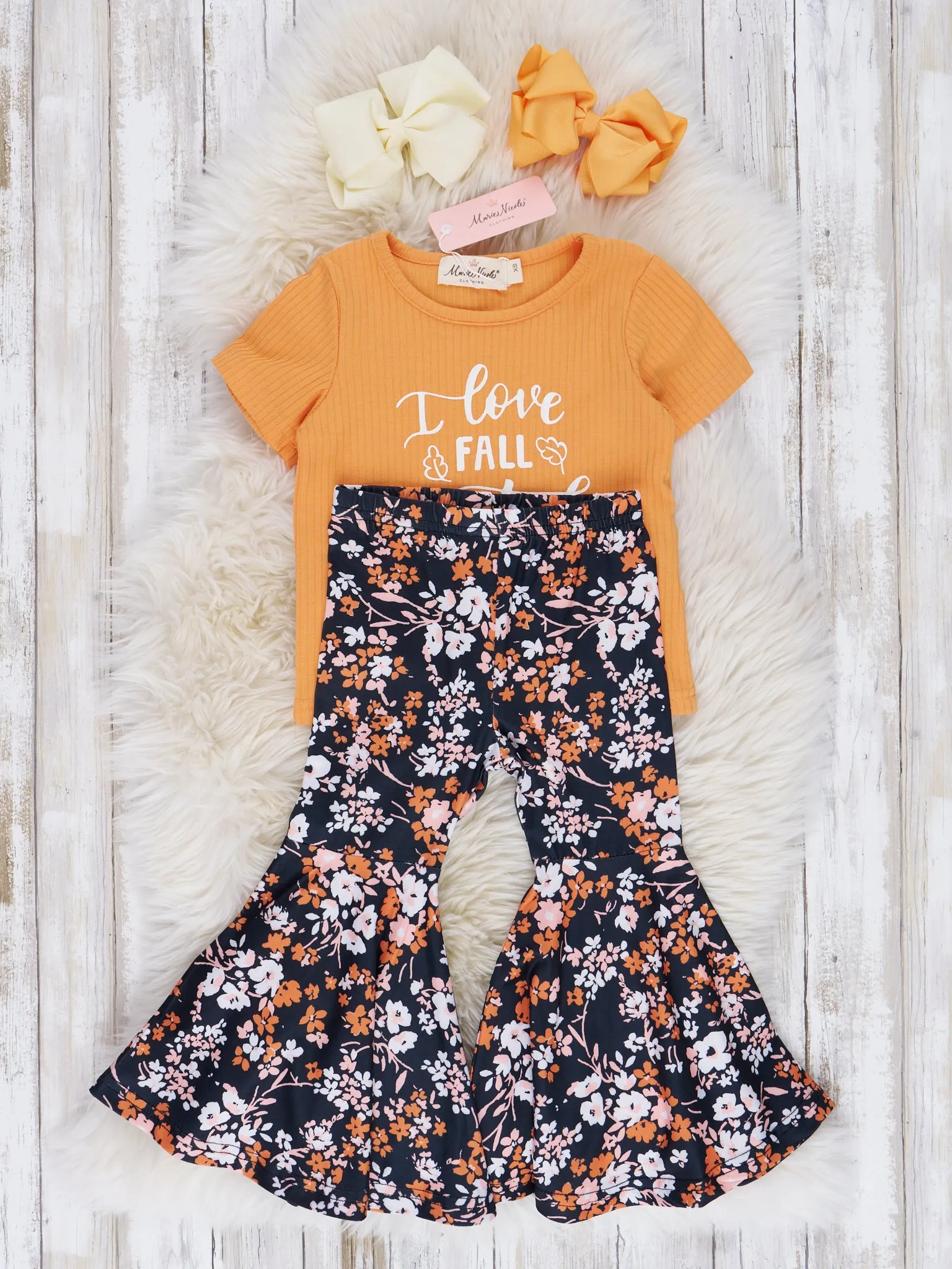 Black & Bronze Floral Bell Bottoms Outfit