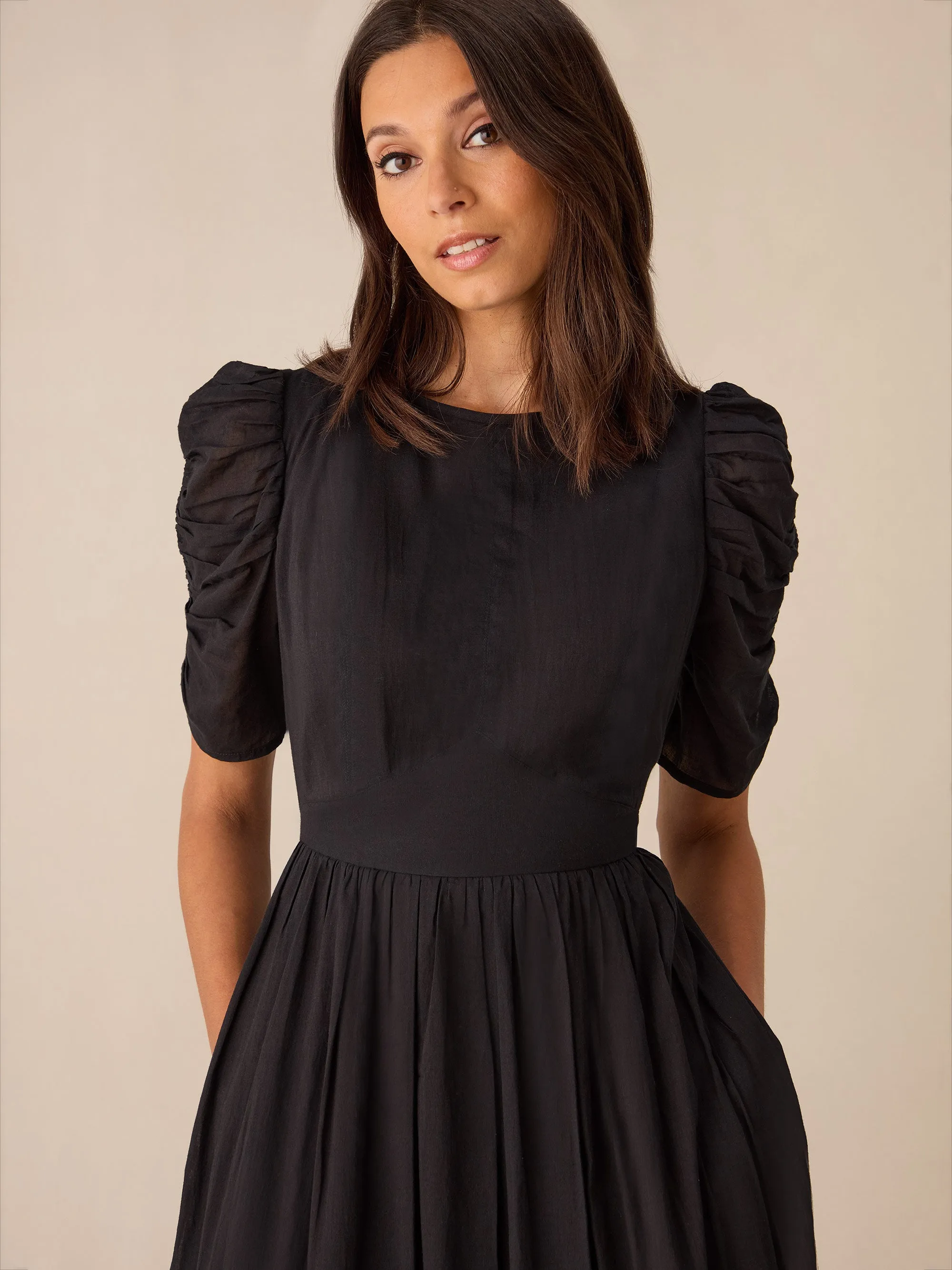 Black Cotton Puff Sleeve Midi Dress