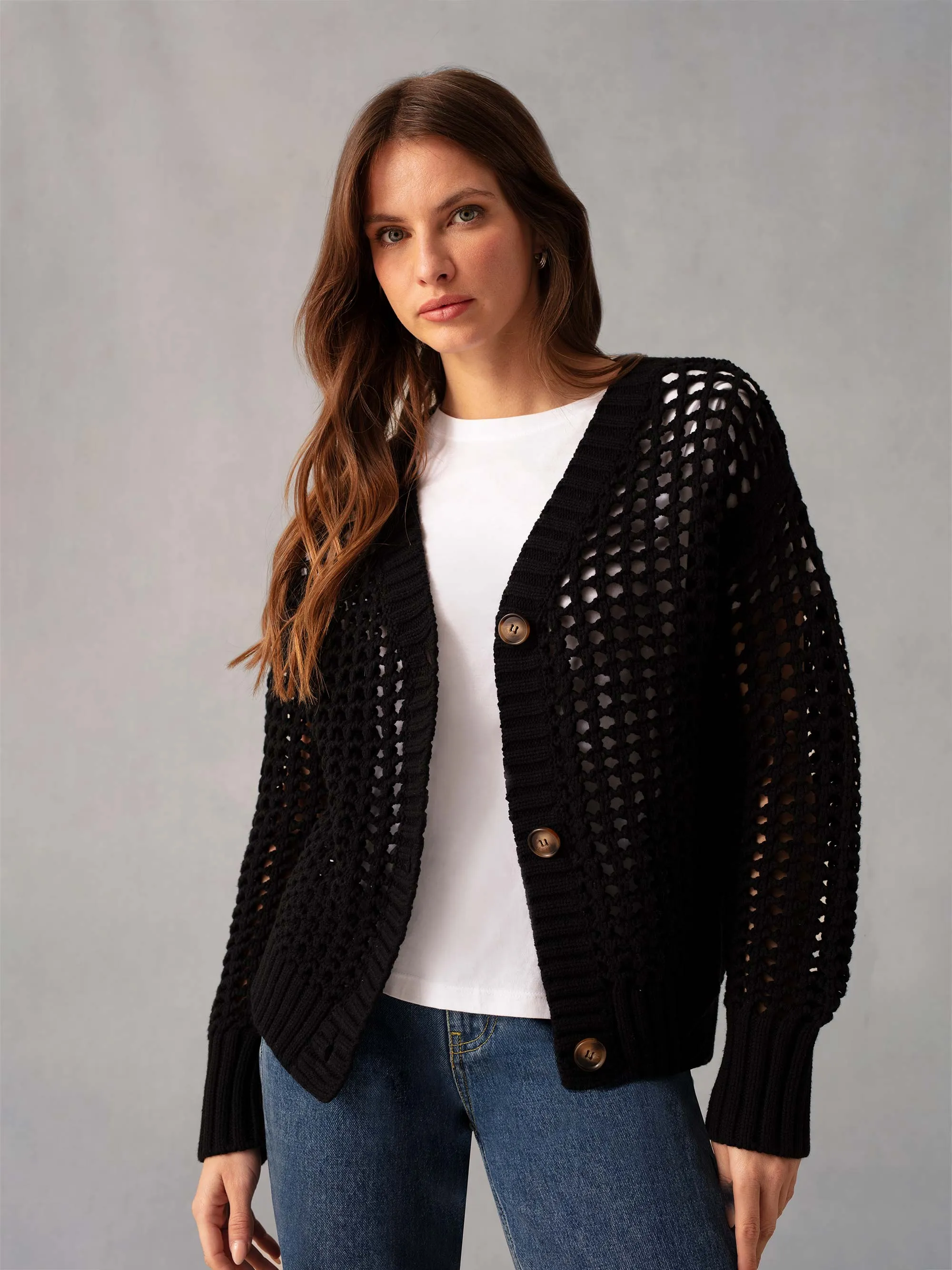 Black Crochet Knit Cardigan