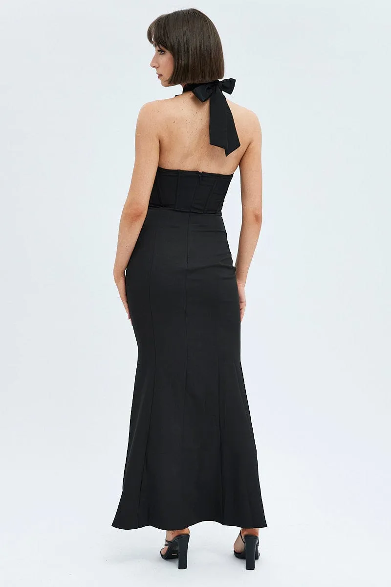 Black Detachable Rosette Brooch Statement Maxi Dress