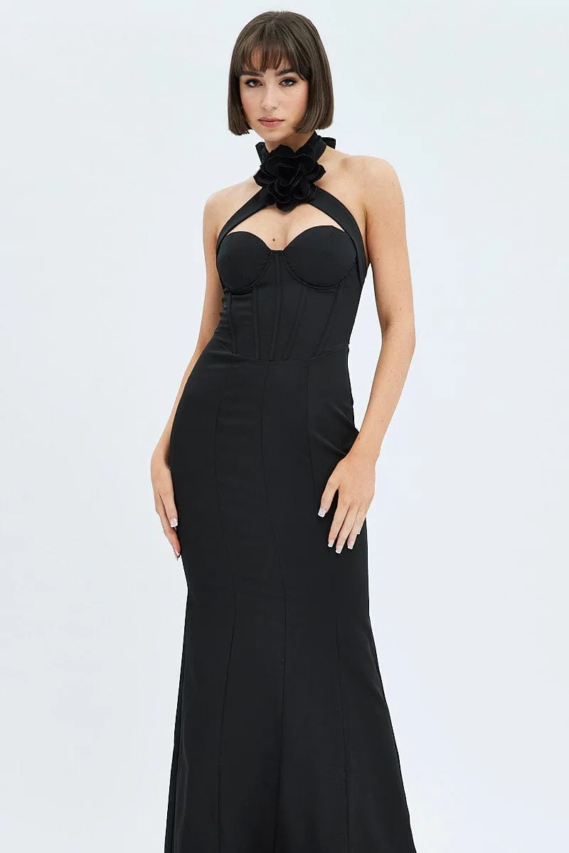 Black Detachable Rosette Brooch Statement Maxi Dress