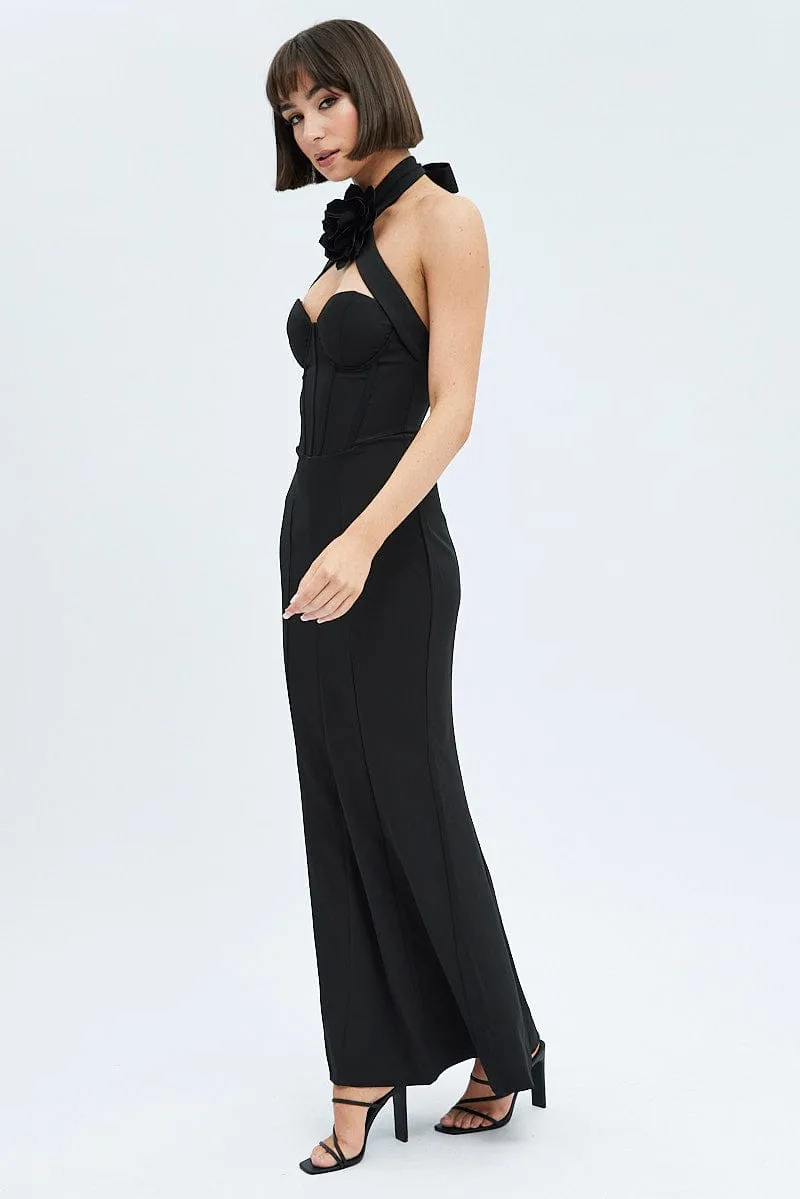 Black Detachable Rosette Brooch Statement Maxi Dress