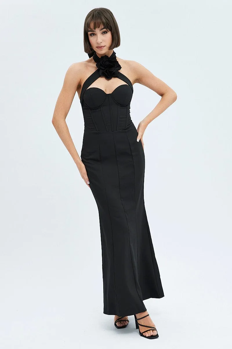 Black Detachable Rosette Brooch Statement Maxi Dress