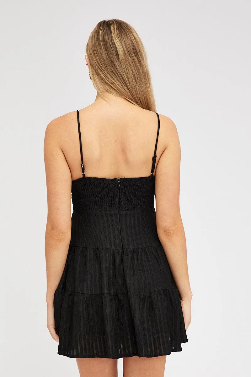 Black Fit And Flare Dress Mini Textured Fabric