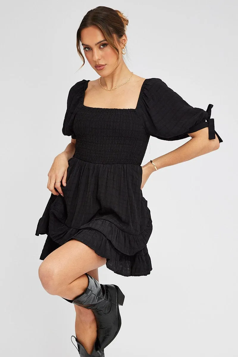 Black Fit And Flare Dress Puff Sleeve Mini