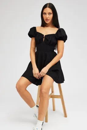 Black Fit And Flare Dress Puff Sleeve Mini