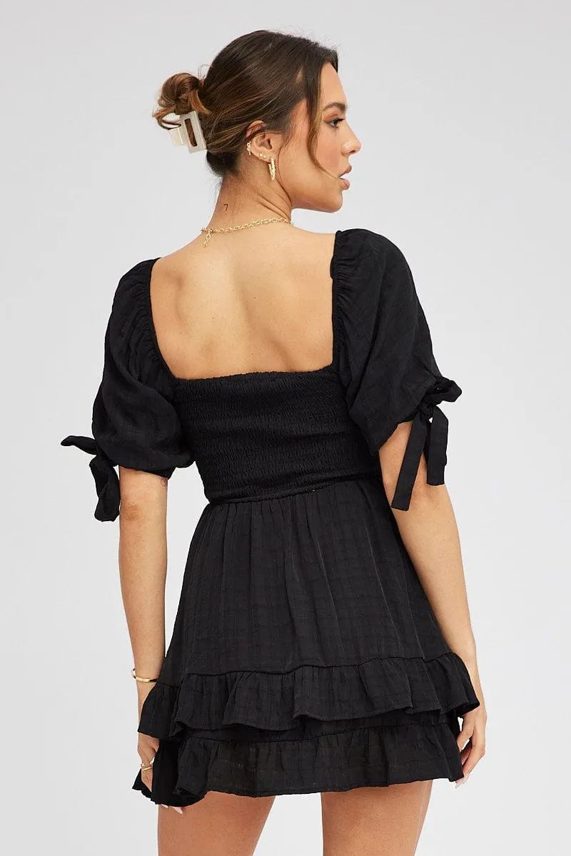 Black Fit And Flare Dress Puff Sleeve Mini