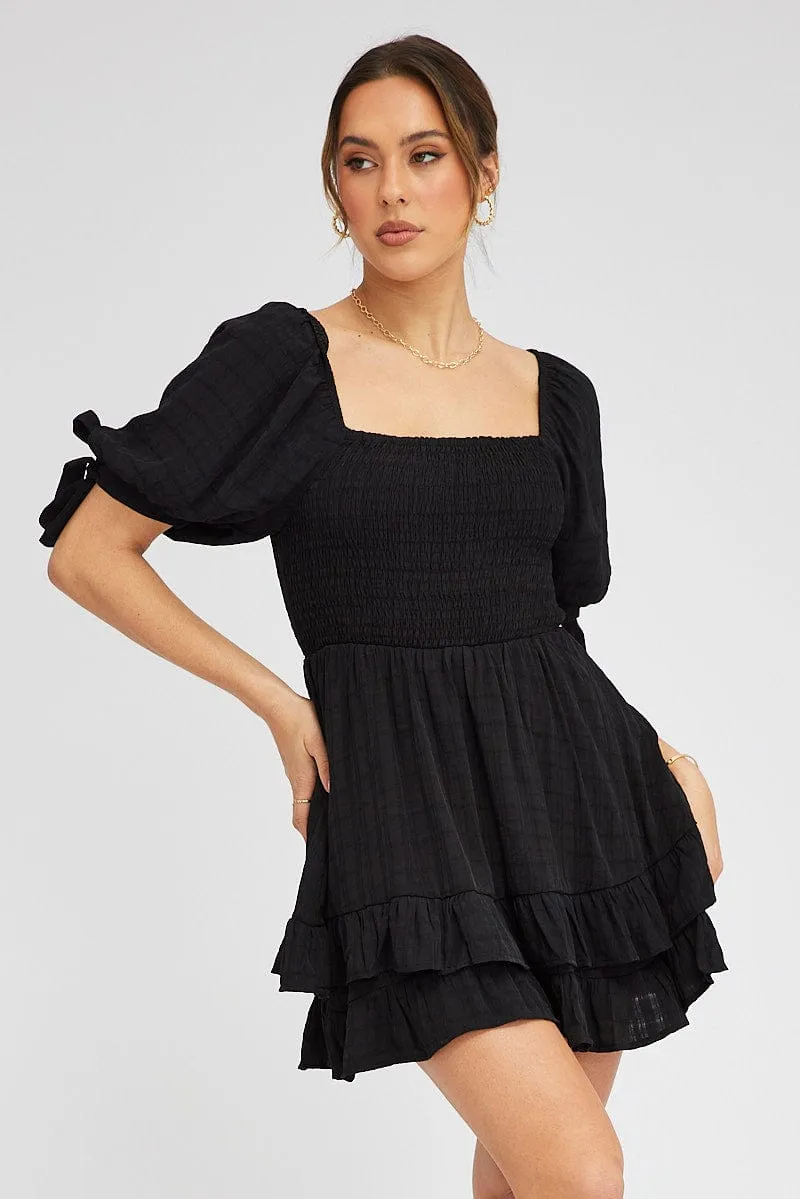 Black Fit And Flare Dress Puff Sleeve Mini