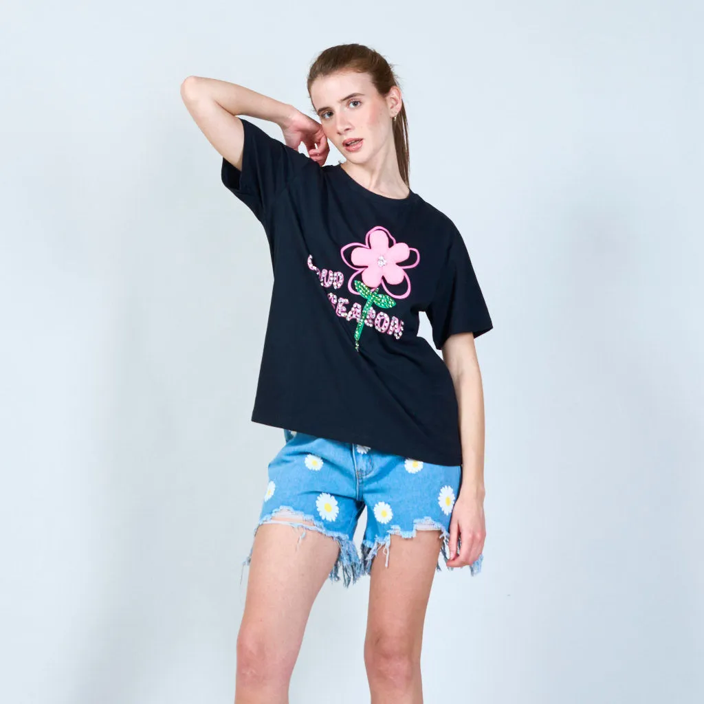 Black floral motif graphic t-shirt wholesale