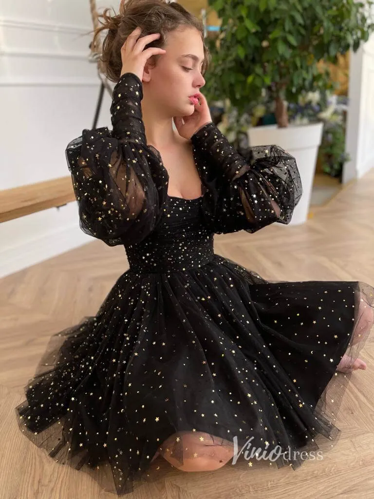 Black Glitter Star Homecoming Dresses with Long Sleeve FD1639B