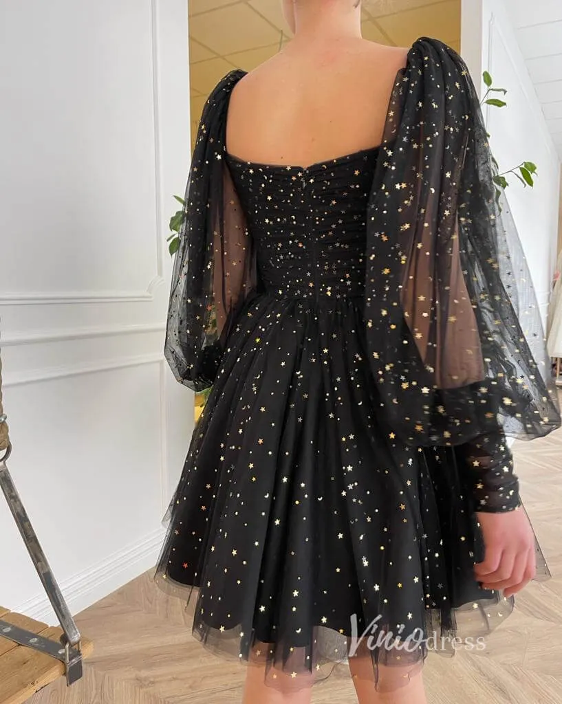 Black Glitter Star Homecoming Dresses with Long Sleeve FD1639B