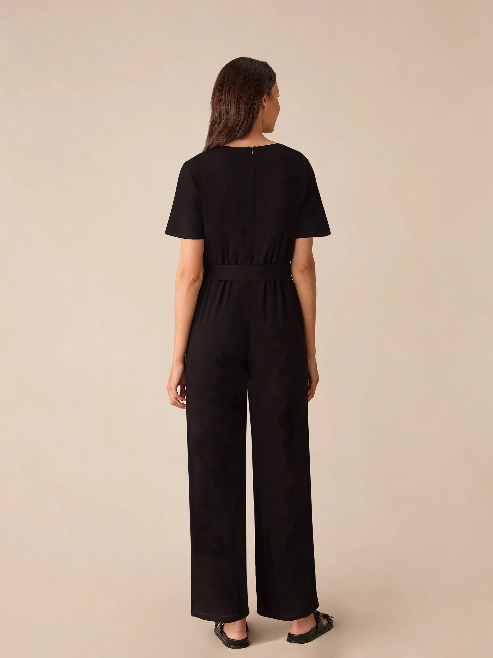 Black Jersey Tie Belt Jumpsuit