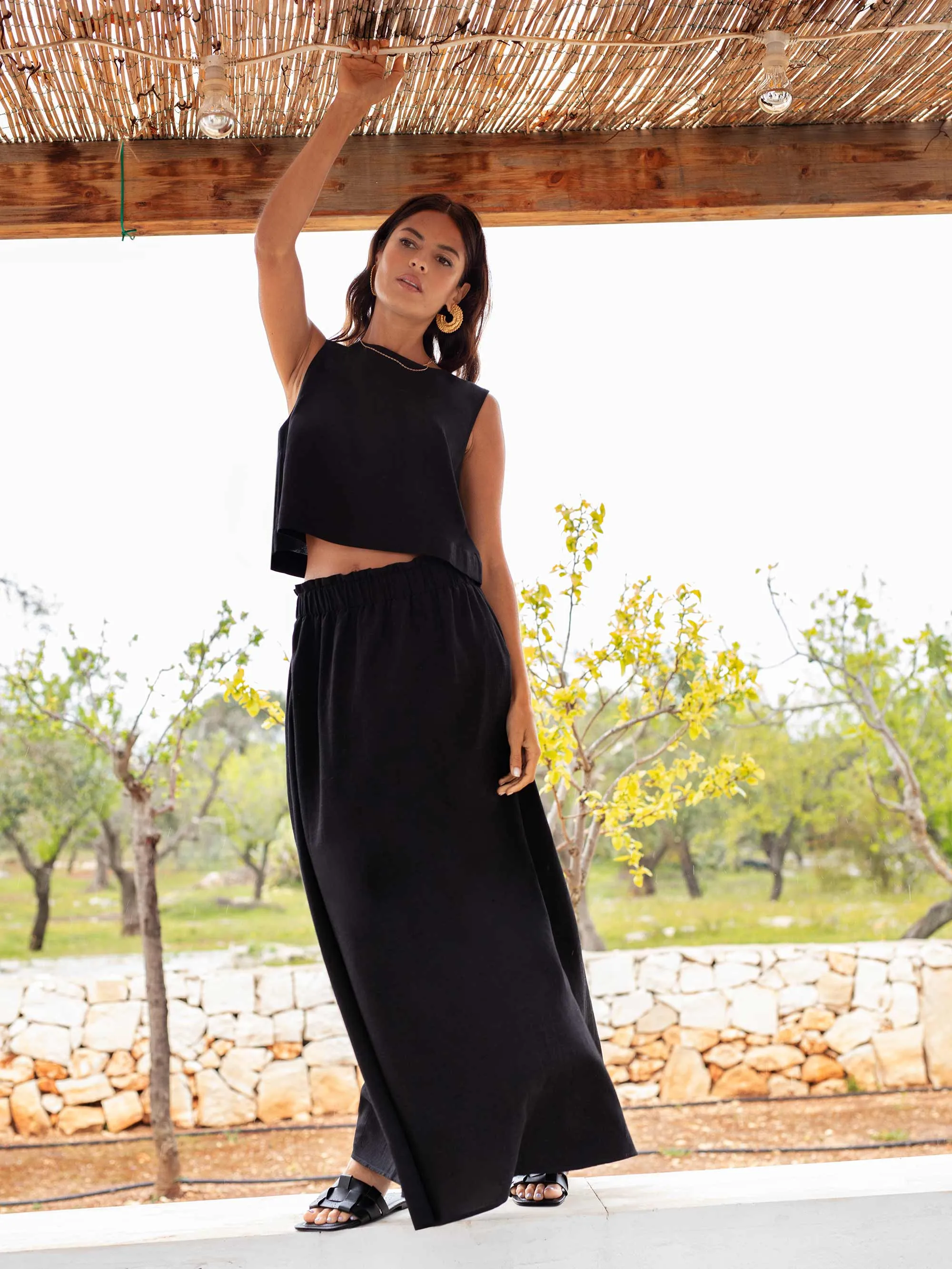 Black Linen Blend Maxi Skirt