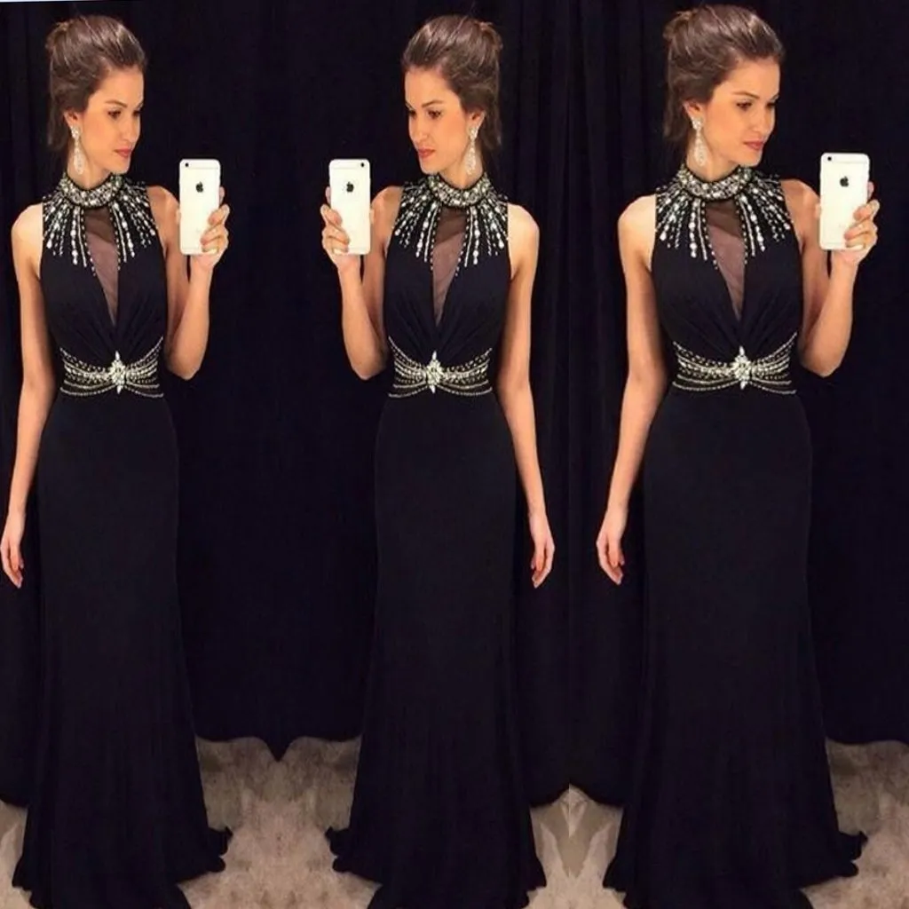 Black Mermaid High Neck Sleeveless Beading Chiffon Formal Gowns ,Sexy Party Cocktail Dress ,PDY0302