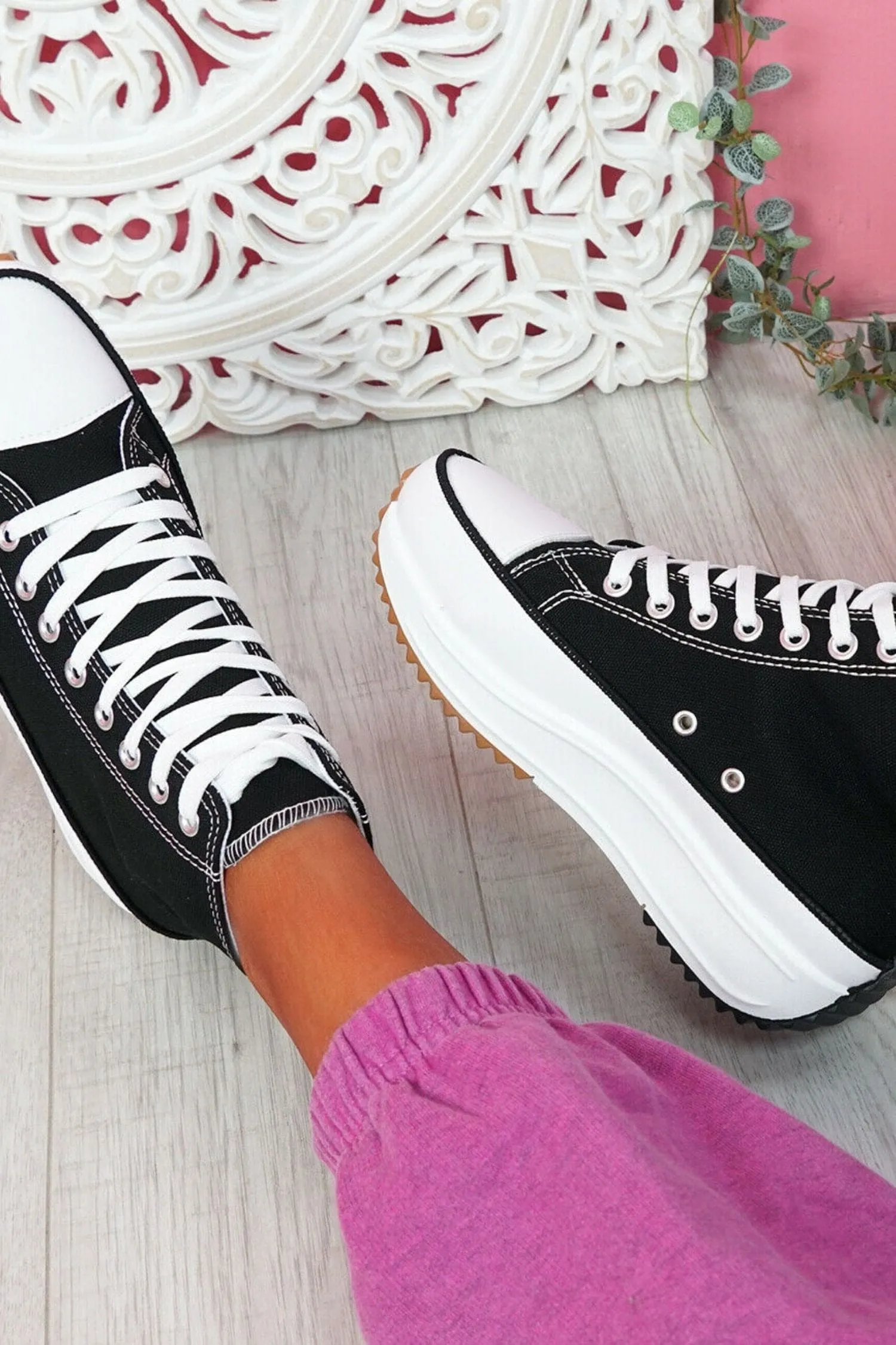 Black Platform Lace Up Canvas Shoes