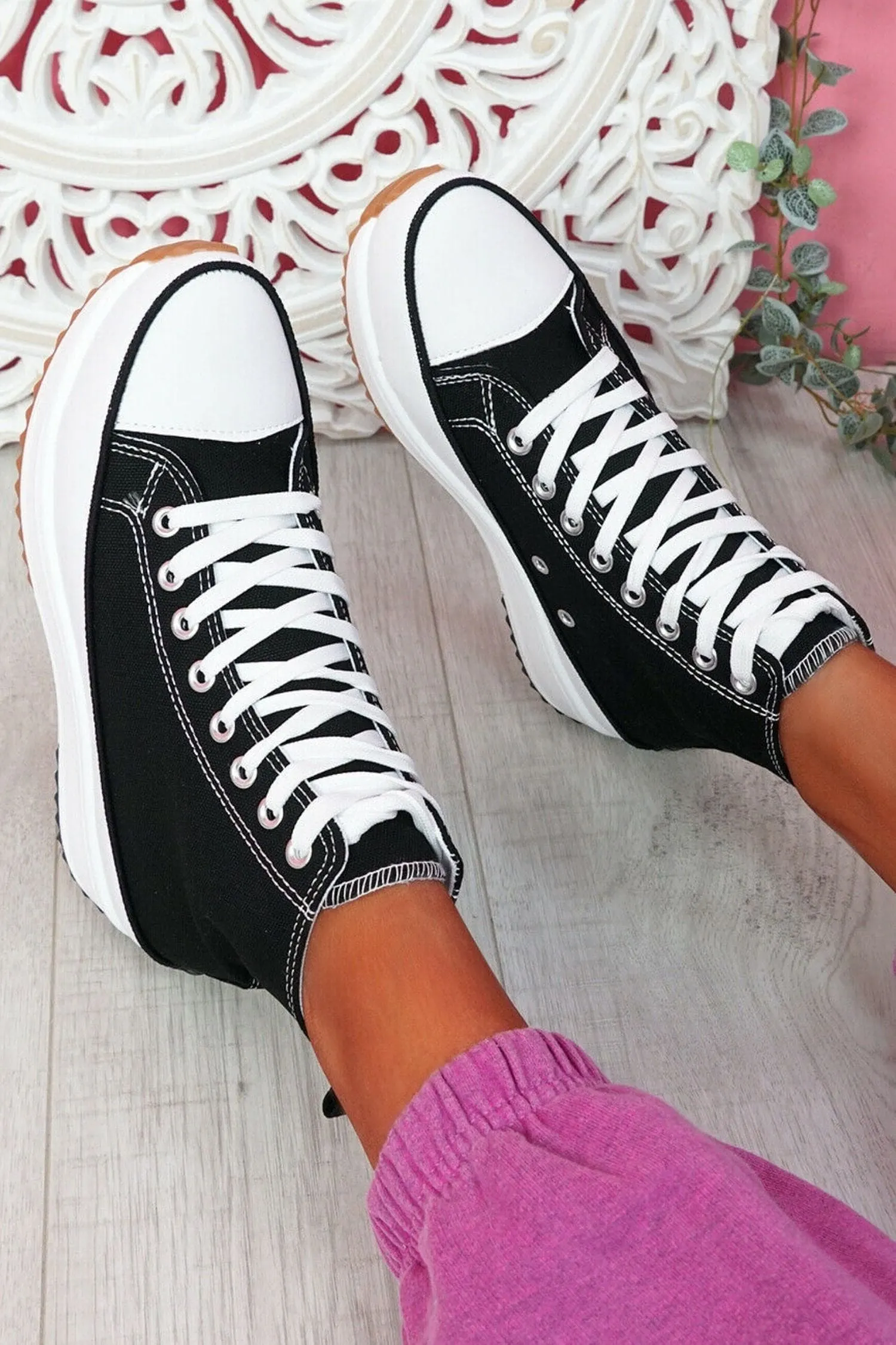 Black Platform Lace Up Canvas Shoes